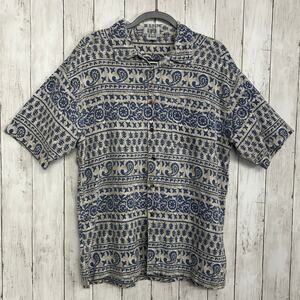 Sostanza 90s Blue Block Print Short Sleeve Boho Casual Cotton Button Down Shirt